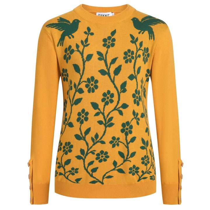 Suéter de punto jacquard vintage mostaza para mujer con arte folclórico, flores y pájaros
