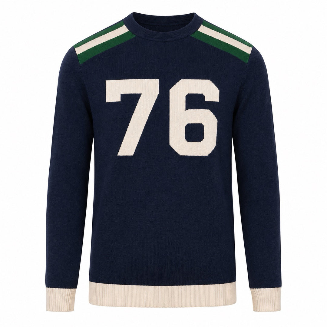 Mørkeblå Vintage 76 Striktrøje med Rund Hals til Mænd