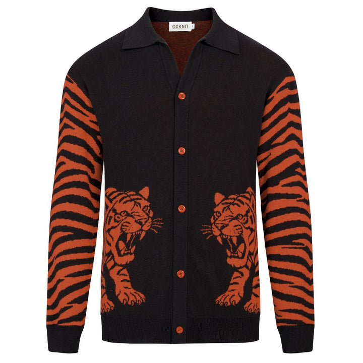 Men's Black Vintage Rock Tiger Jacquard Polo Knit Cardigan