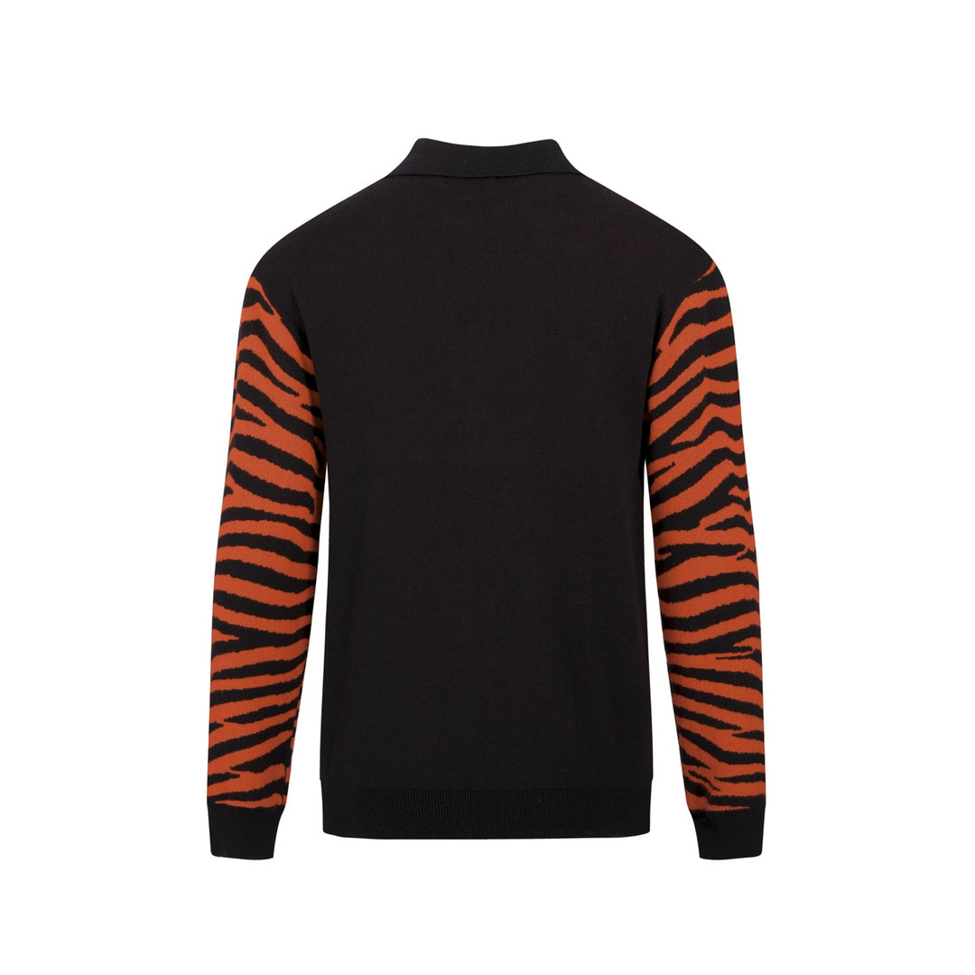 Men's Black Vintage Rock Tiger Jacquard Polo Knit Cardigan
