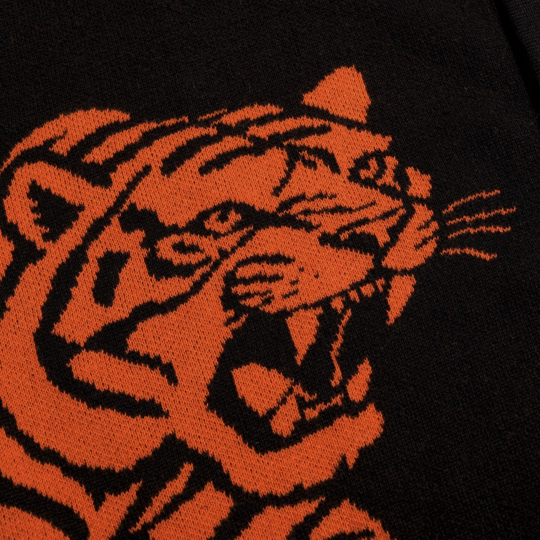 Men's Black Vintage Rock Tiger Jacquard Polo Knit Cardigan