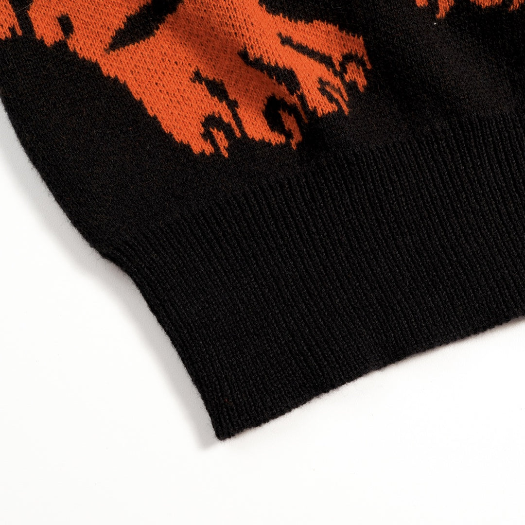 Men's Black Vintage Rock Tiger Jacquard Polo Knit Cardigan