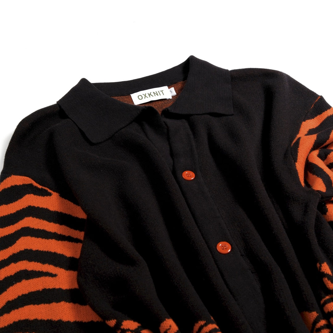 Men's Black Vintage Rock Tiger Jacquard Polo Knit Cardigan