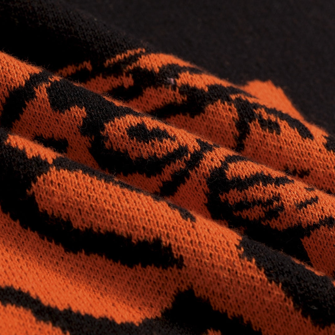 Men's Black Vintage Rock Tiger Jacquard Polo Knit Cardigan