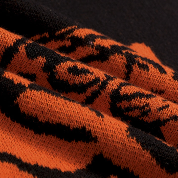 Men's Black Vintage Rock Tiger Jacquard Polo Knit Cardigan