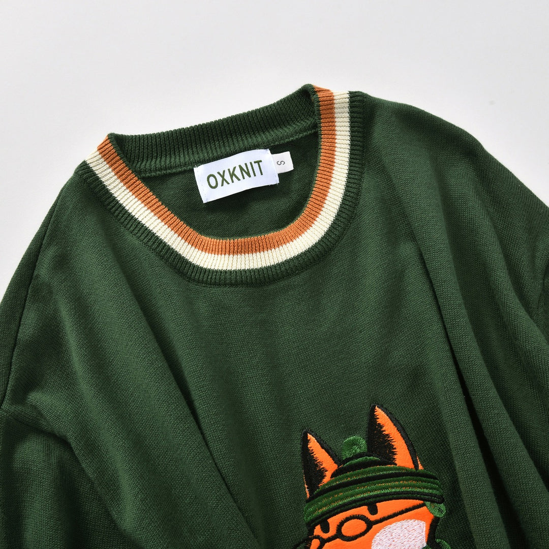 Men's Green Vintage Fox Embroidered Collegiate Knit