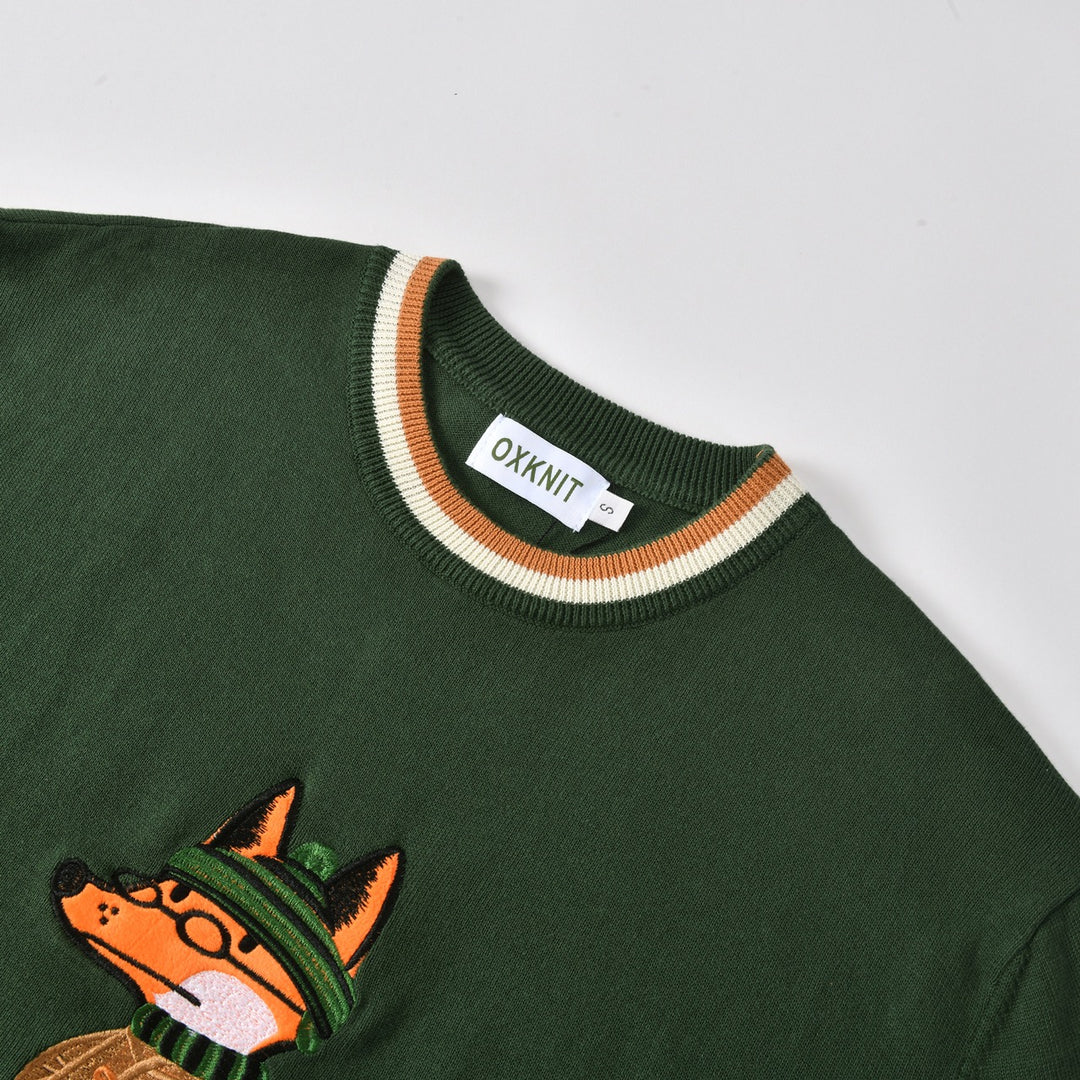 Men's Green Vintage Fox Embroidered Collegiate Knit