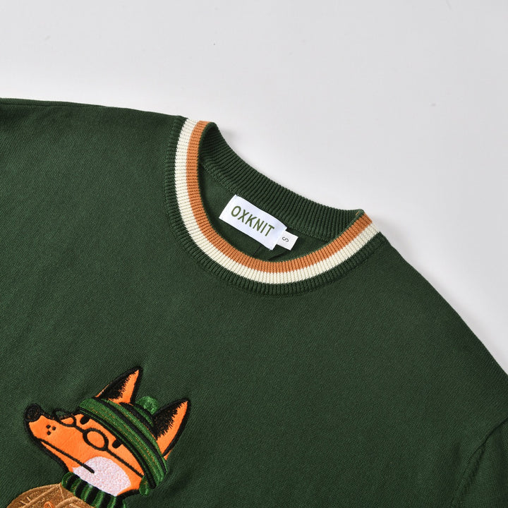 Men's Green Vintage Fox Embroidered Collegiate Knit