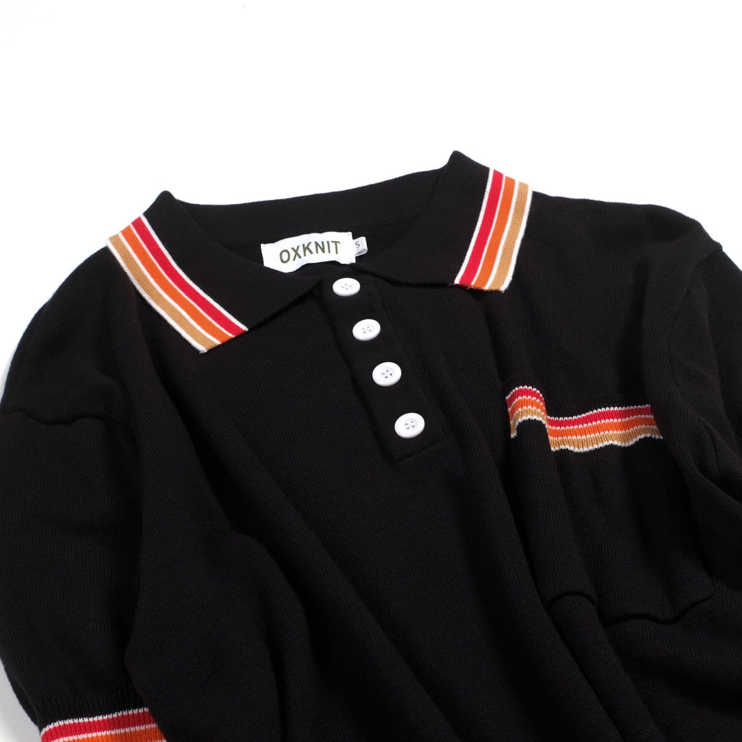 Men's Black Retro Gentleman Stripe Polo Knit T-Shirt