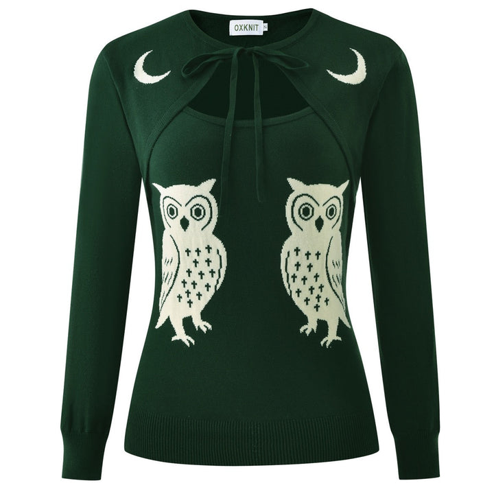 Women's Green Vintage Pop Art Owl Moon Jacquard Knit