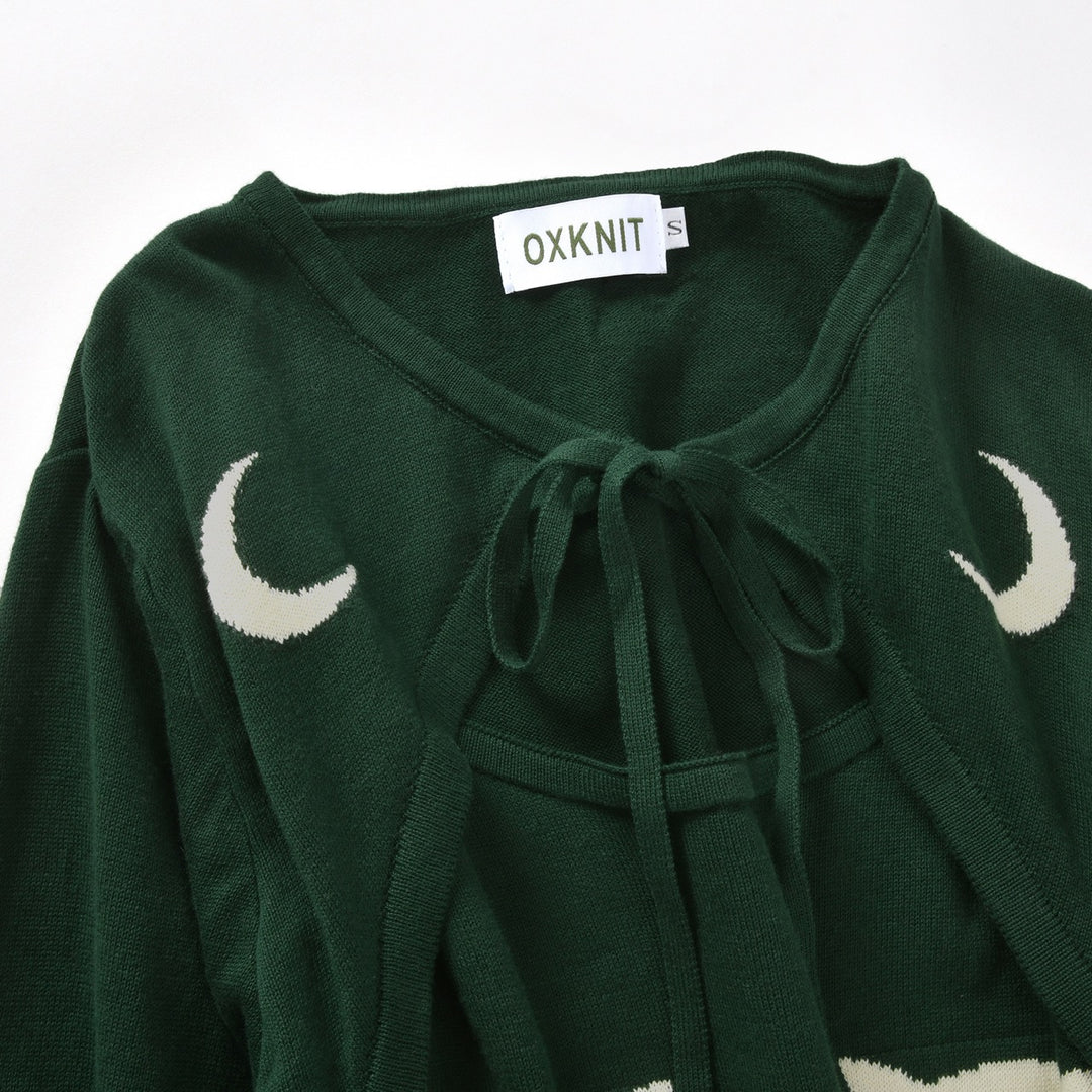 Women's Green Vintage Pop Art Owl Moon Jacquard Knit