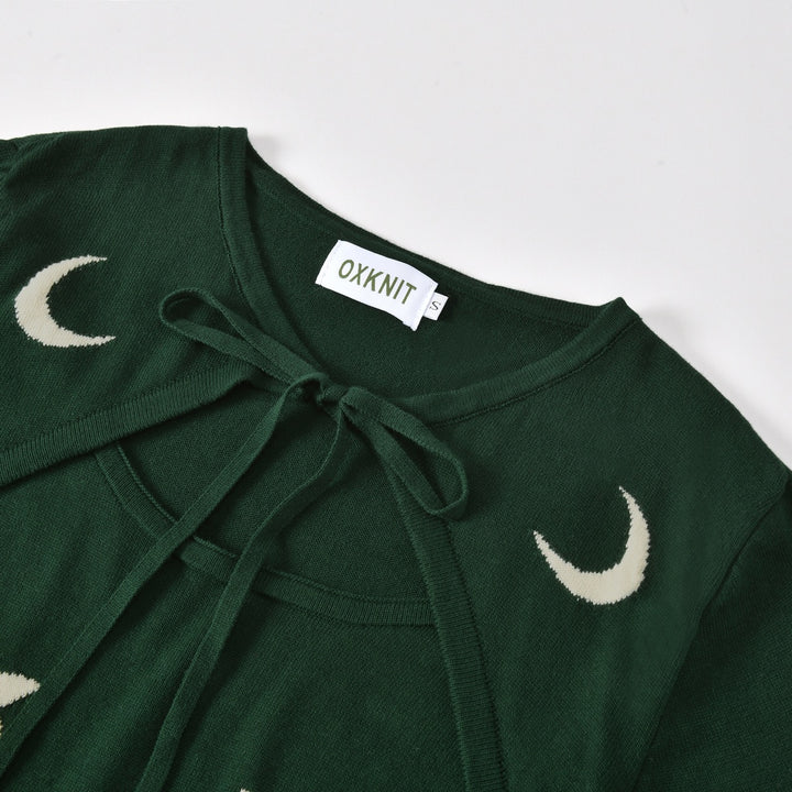 Women's Green Vintage Pop Art Owl Moon Jacquard Knit