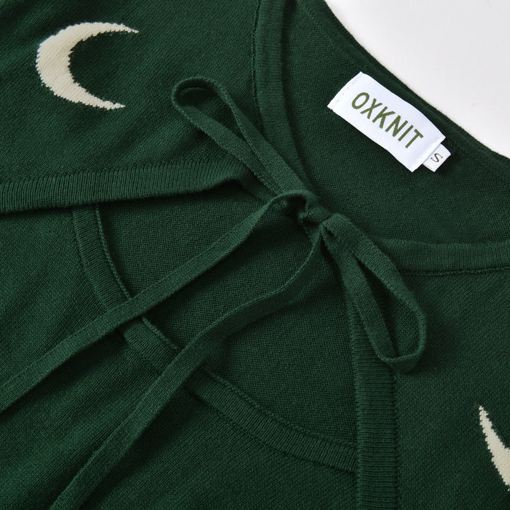 Women's Green Vintage Pop Art Owl Moon Jacquard Knit