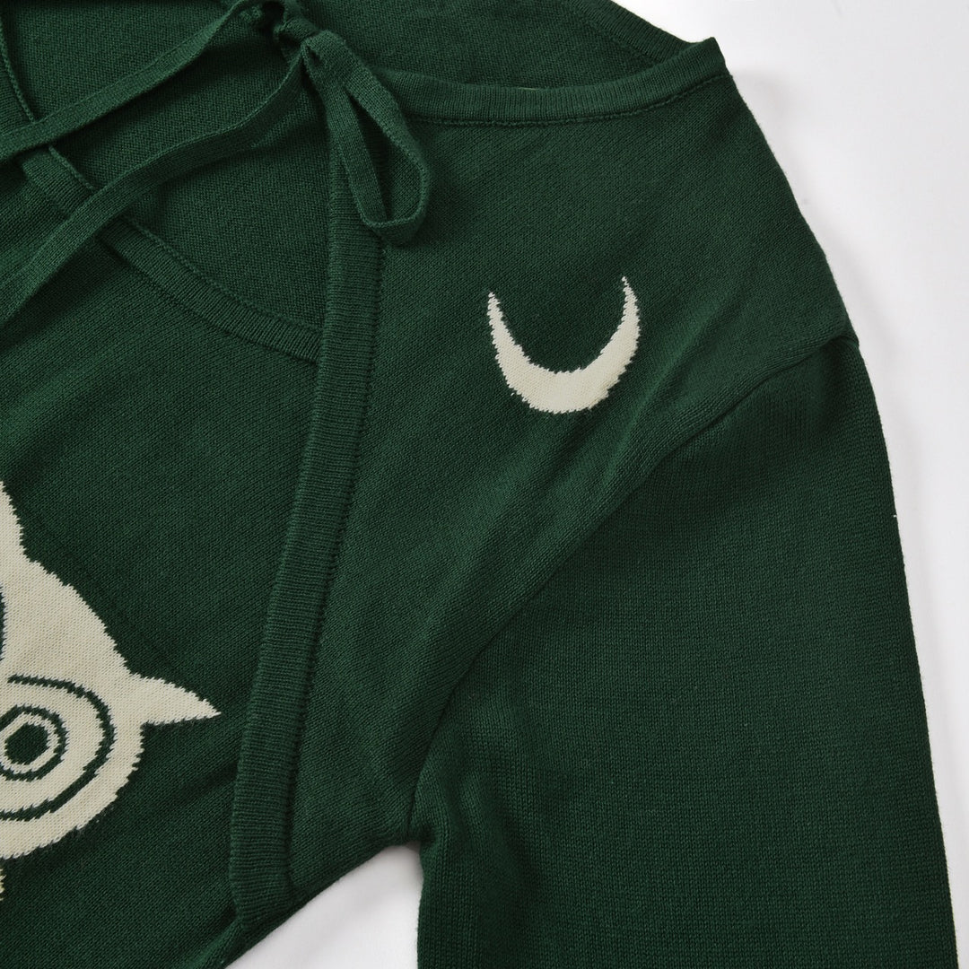 Women's Green Vintage Pop Art Owl Moon Jacquard Knit