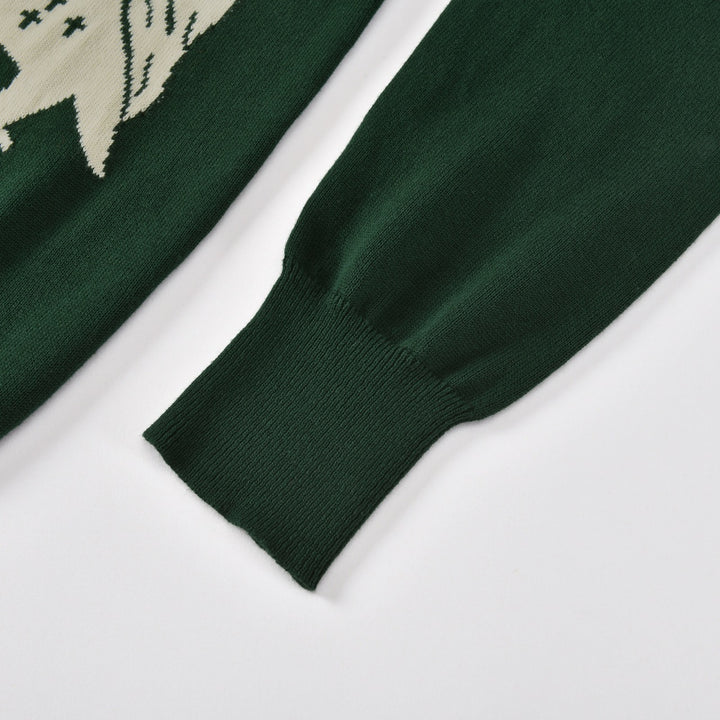 Women's Green Vintage Pop Art Owl Moon Jacquard Knit