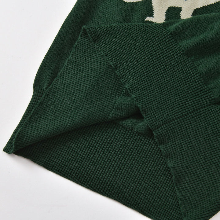 Women's Green Vintage Pop Art Owl Moon Jacquard Knit