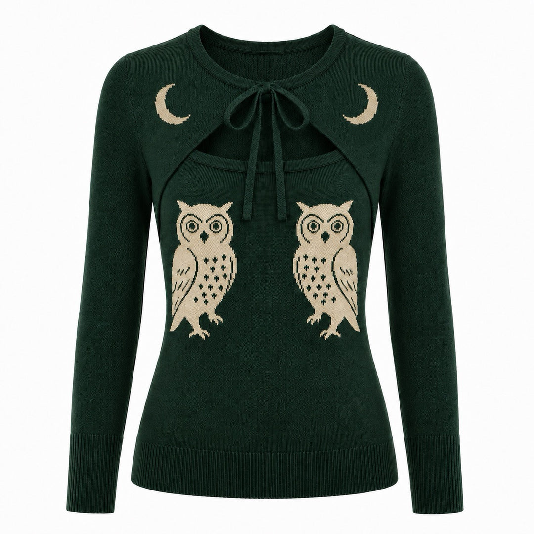 Women's Green Vintage Pop Art Owl Moon Jacquard Knit