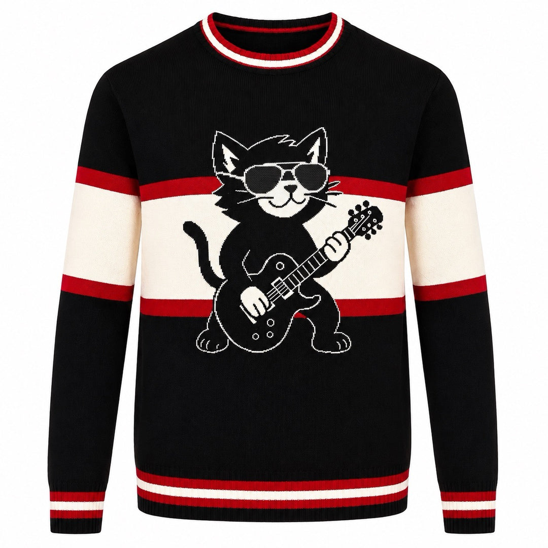 Men's Black 70s Rock Cat Guitar Jacquard Knit