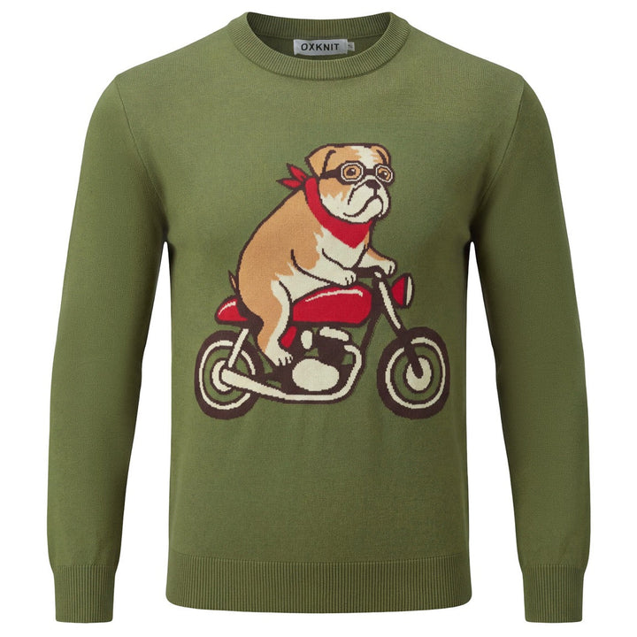 Herre Grønn 70-talls Vintage Hund Motorsykkel Jacquard Strikkegenser