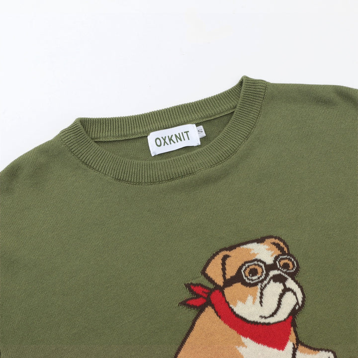 Herre Grønn 70-talls Vintage Hund Motorsykkel Jacquard Strikkegenser