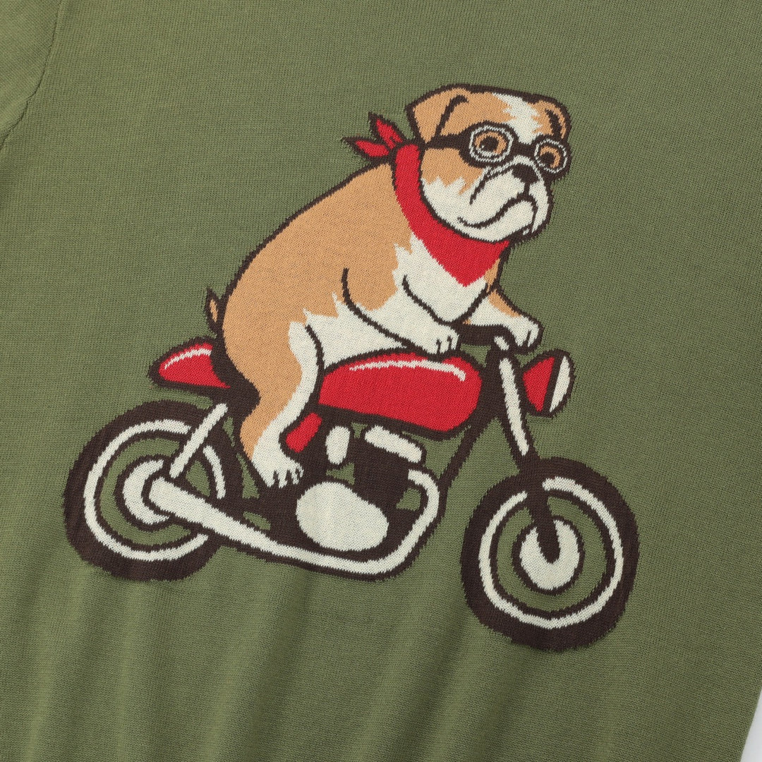 Herre Grønn 70-talls Vintage Hund Motorsykkel Jacquard Strikkegenser