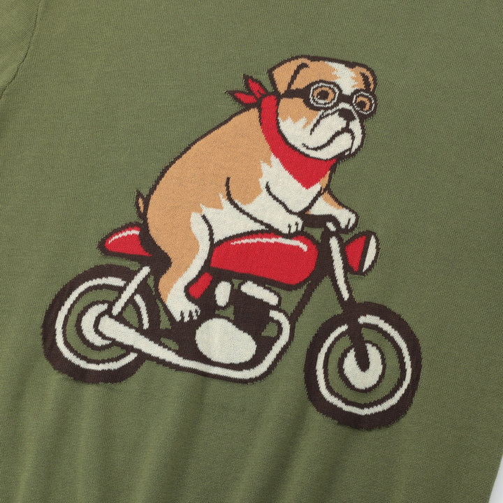Herre Grønn 70-talls Vintage Hund Motorsykkel Jacquard Strikkegenser