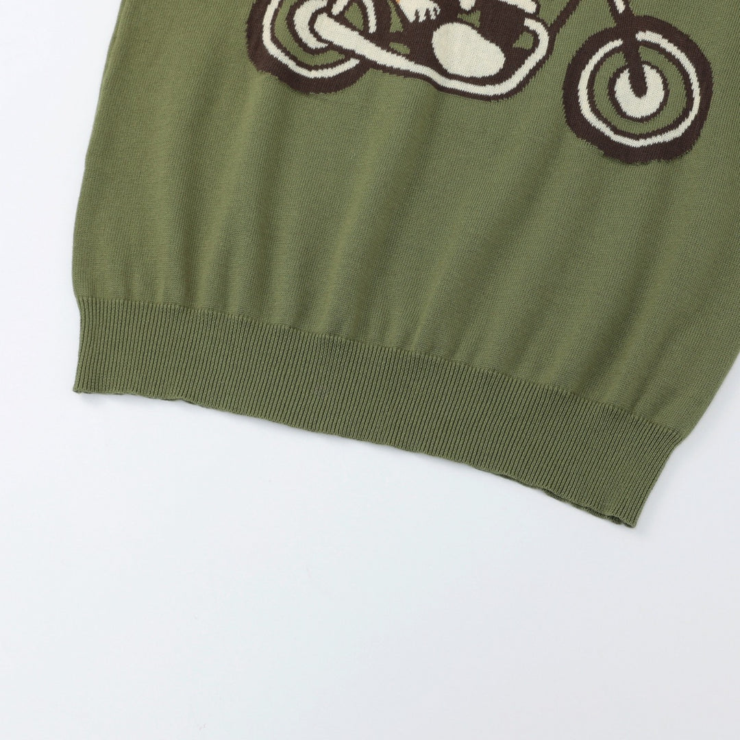 Herre Grønn 70-talls Vintage Hund Motorsykkel Jacquard Strikkegenser