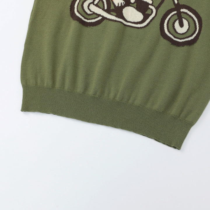 Herre Grønn 70-talls Vintage Hund Motorsykkel Jacquard Strikkegenser