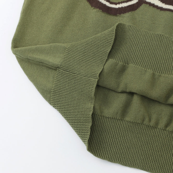 Herre Grønn 70-talls Vintage Hund Motorsykkel Jacquard Strikkegenser