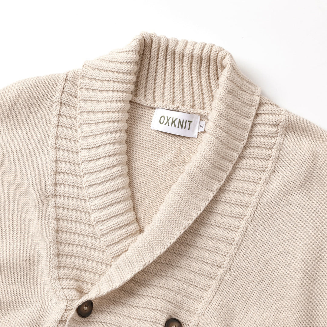 Cárdigan Beige Vintage de Hombre con Cuello Chal y Doble Botonadura