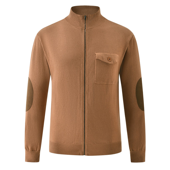 Men's Brown Vintage Elbow Patch Zip Knit Cardigan