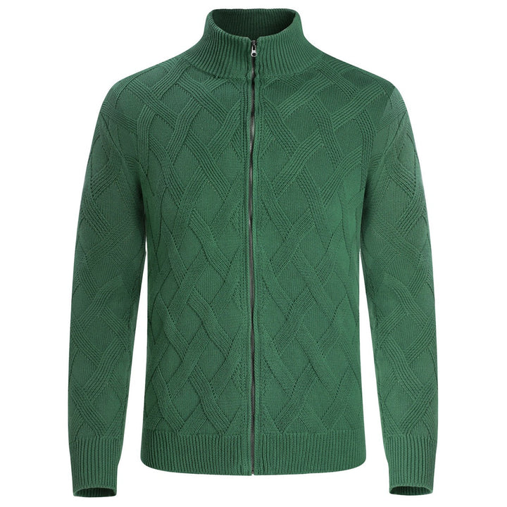 Men's Green 70s Vintage Textured Geometric Zip Knit Cardigan