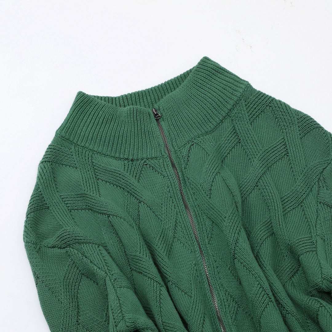 Men's Green 70s Vintage Textured Geometric Zip Knit Cardigan