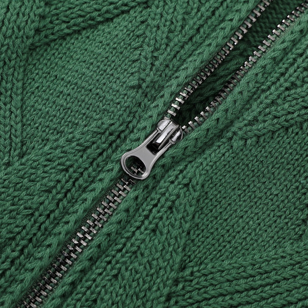 Men's Green 70s Vintage Textured Geometric Zip Knit Cardigan