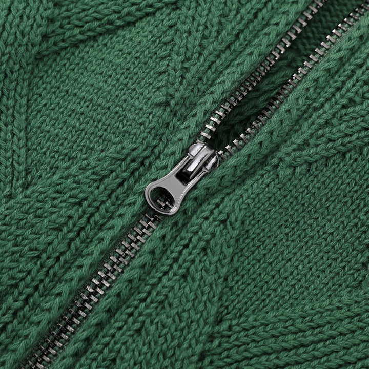 Men's Green 70s Vintage Textured Geometric Zip Knit Cardigan