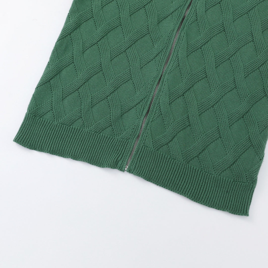 Men's Green 70s Vintage Textured Geometric Zip Knit Cardigan