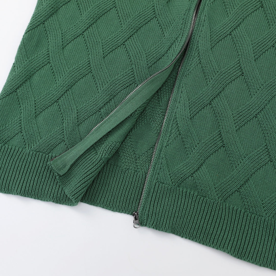 Men's Green 70s Vintage Textured Geometric Zip Knit Cardigan
