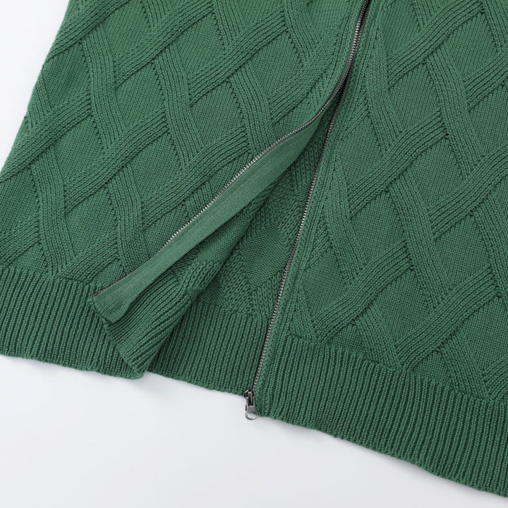 Men's Green 70s Vintage Textured Geometric Zip Knit Cardigan