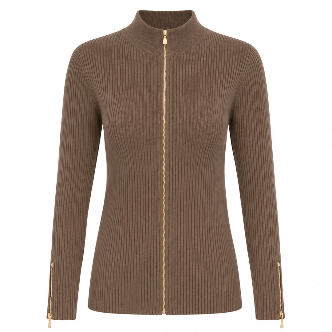 Women's Brown 70s Vintage Ribbed Turtleneck Knit Cardigan