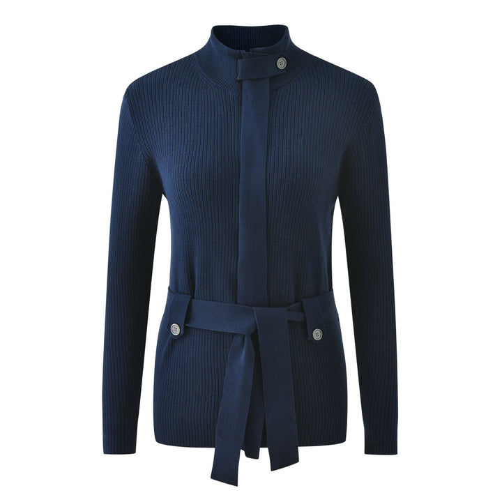 Women's Navy Blue 70s Vintage Collegiate Tie Front Knit Cardigan