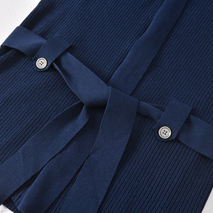 Women's Navy Blue 70s Vintage Collegiate Tie Front Knit Cardigan