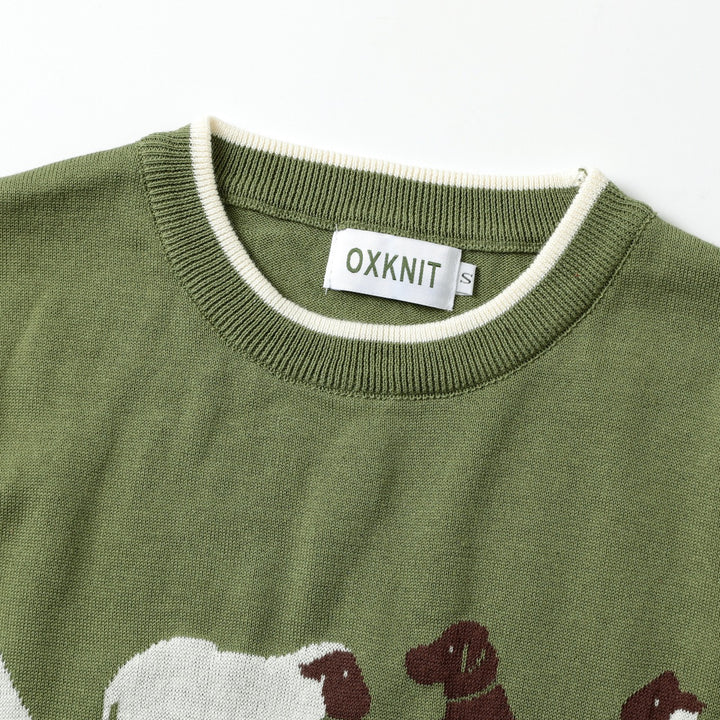 Men's Green 70s Pastoral Animal Collegiate Jacquard Knit Sweater