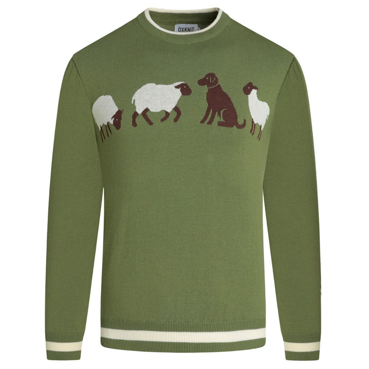 Men's Green 70s Pastoral Animal Collegiate Jacquard Knit Sweater