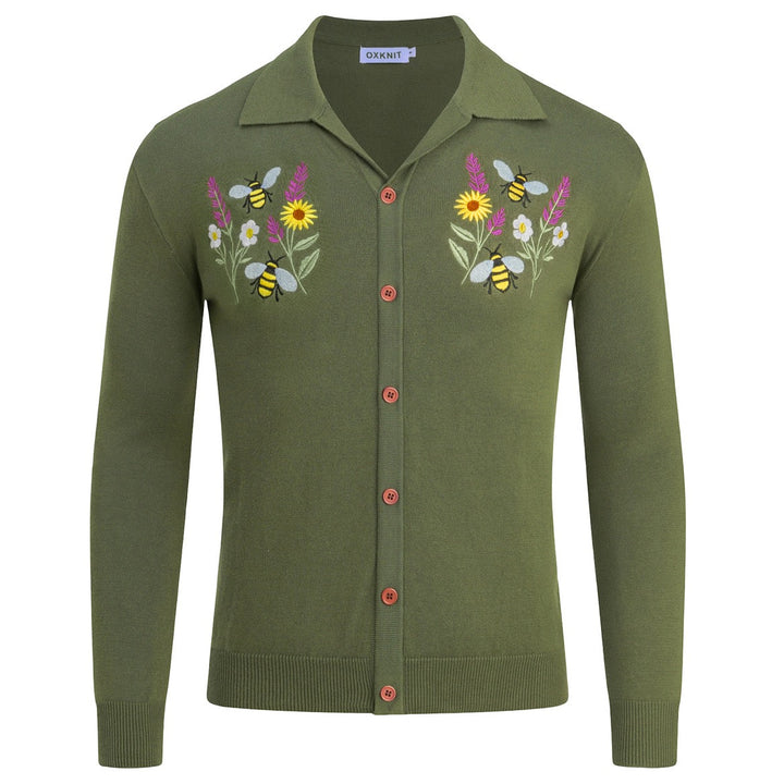 Herr Grön 70-tals Pastoral Bi & Blommig Broderad Stickad Polo Kofta
