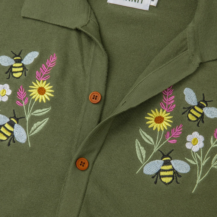 Herr Grön 70-tals Pastoral Bi & Blommig Broderad Stickad Polo Kofta