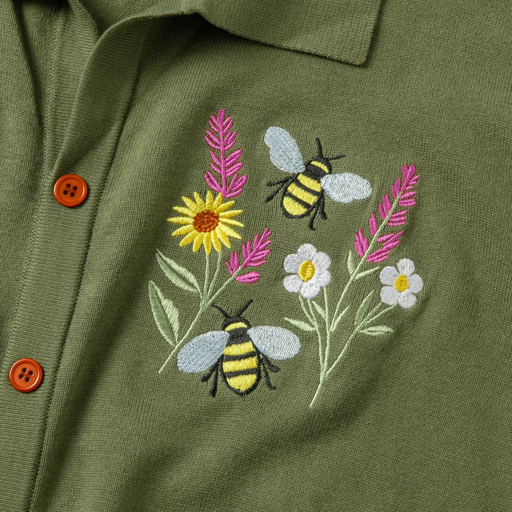 Herr Grön 70-tals Pastoral Bi & Blommig Broderad Stickad Polo Kofta
