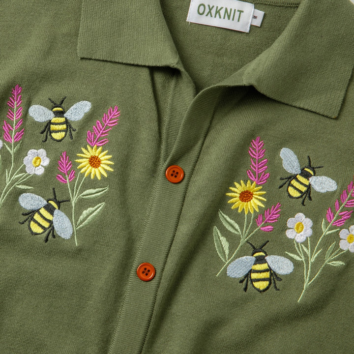 Herr Grön 70-tals Pastoral Bi & Blommig Broderad Stickad Polo Kofta