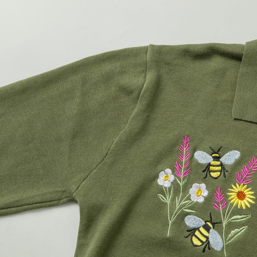 Herr Grön 70-tals Pastoral Bi & Blommig Broderad Stickad Polo Kofta