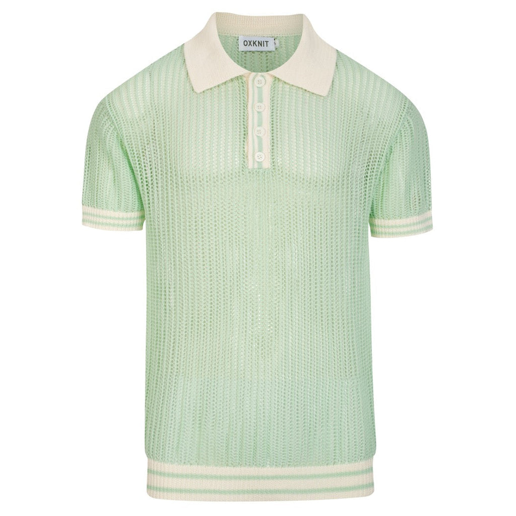 Men's Mint Green Retro Openwork Coastal Style Knit Polo Shirt – OXKnit