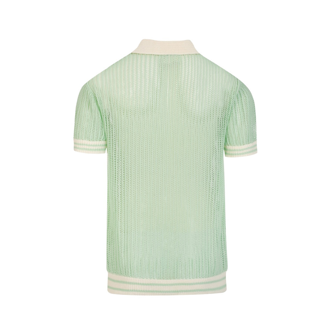 Herre Mintgrøn Retro Strikket Polo med Åbent Mønster i Kyststil